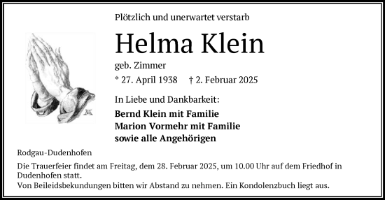 Todesanzeige von Helma Klein von OF