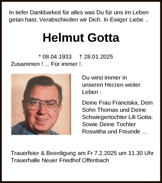 Todesanzeige von Helmut Gotta von OF