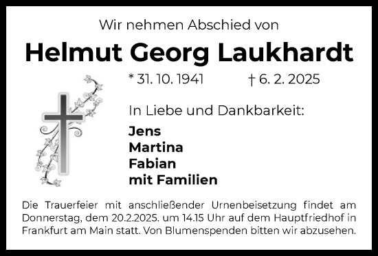 Todesanzeige von Helmut Georg Laukhardt von OF