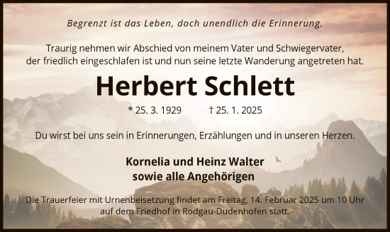Todesanzeige von Herbert Schlett von OF