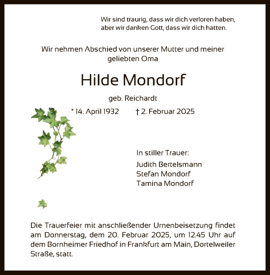 Todesanzeige von Hilde Mondorf von OF
