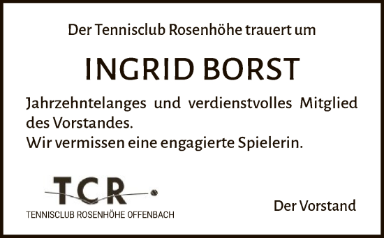 Todesanzeige von Ingrid Borst von OF