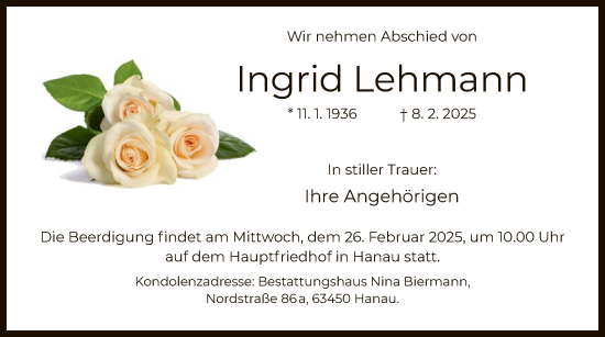 Todesanzeige von Ingrid Lehmann von OF