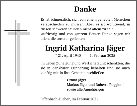 Todesanzeige von Ingrid Katharina Jäger von OF