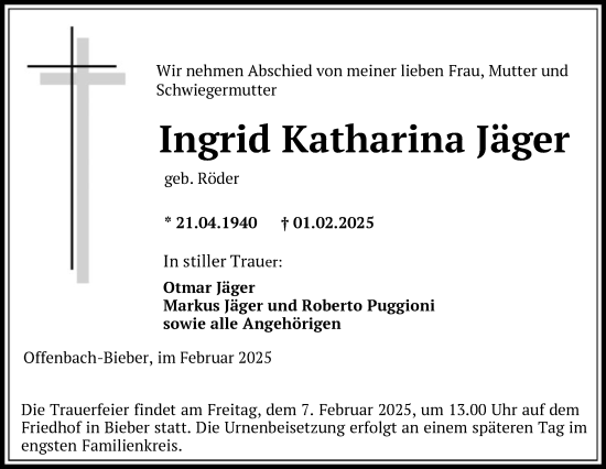 Todesanzeige von Ingrid Katharina Jäger von OF