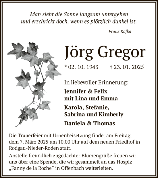 Todesanzeige von Jörg Gregor von OF