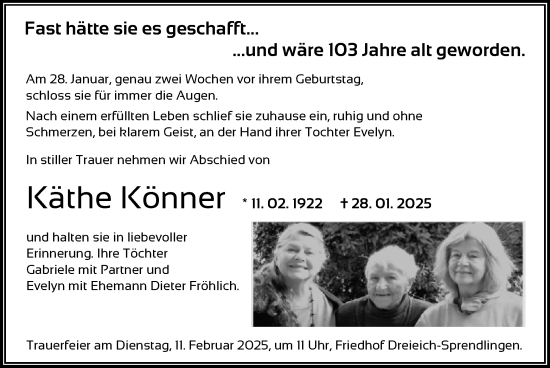Todesanzeige von Käthe Könner von OF