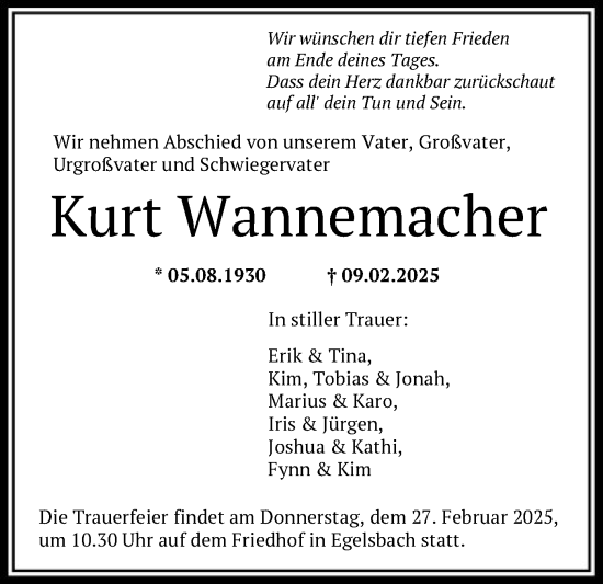 Todesanzeige von Kurt Wannemacher von OF