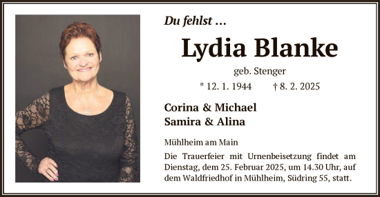 Todesanzeige von Lydia Blanke von OF