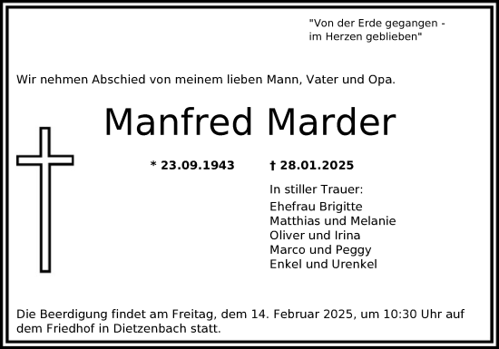 Todesanzeige von Manfred Marder von OF