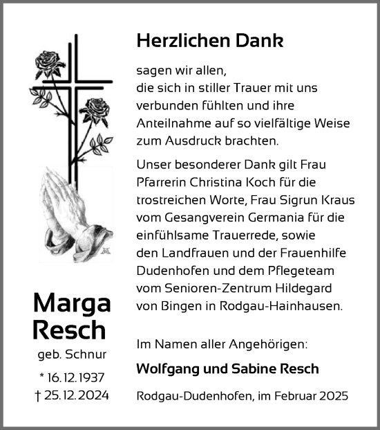 Todesanzeige von Marga Resch von OF