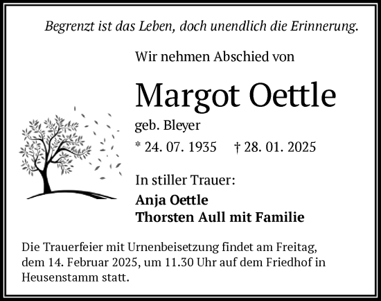 Todesanzeige von Margot Oettle von OF