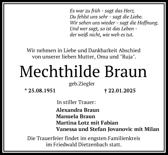 Todesanzeige von Mechthilde Braun von OF