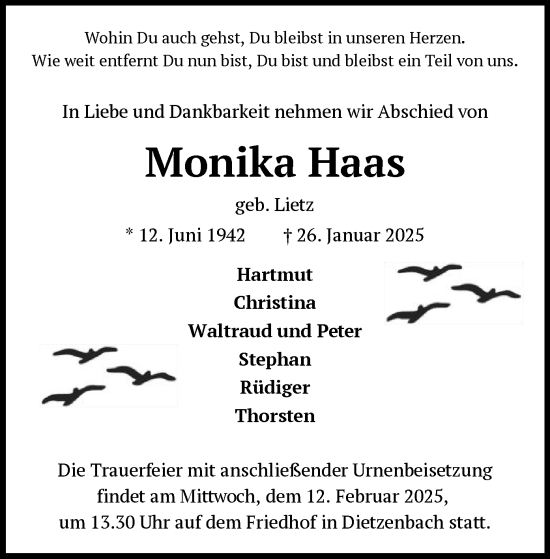 Todesanzeige von Monika Haas von OF