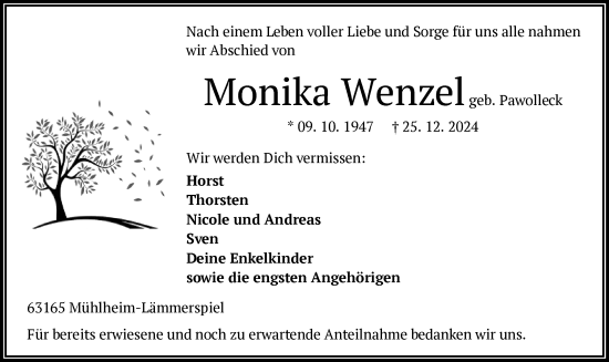 Todesanzeige von Monika Wenzel von OF