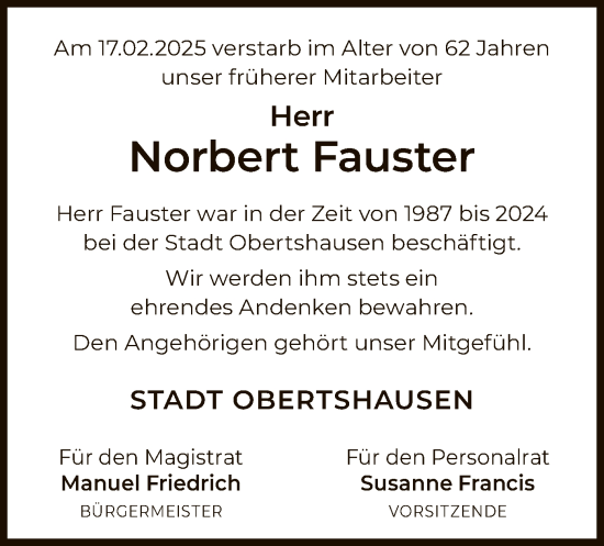 Todesanzeige von Norbert Fauster von OF
