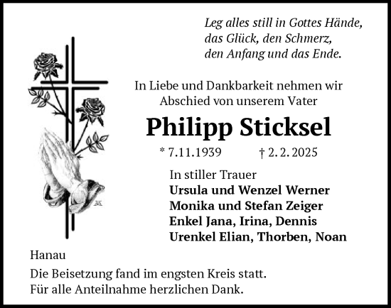 Todesanzeige von Philipp Sticksel von OF
