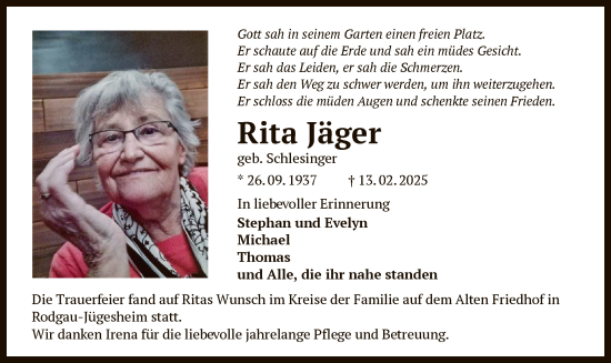 Todesanzeige von Rita Jäger von OF