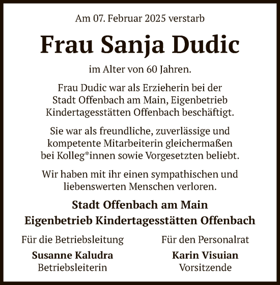 Todesanzeige von Sanja Dudic von OF
