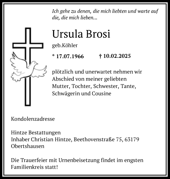 Todesanzeige von Ursula Brosi von OF