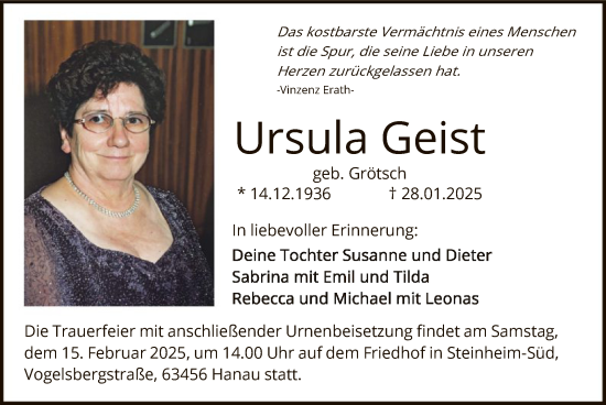 Todesanzeige von Ursula Geist von OF