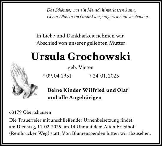 Todesanzeige von Ursula Grochowski von OF
