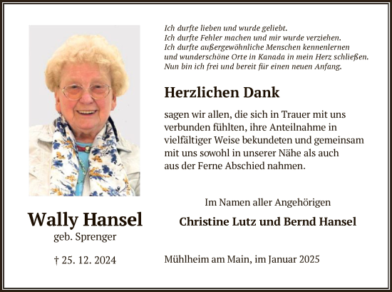 Todesanzeige von Wally Hansel von OF