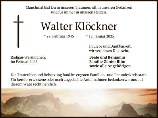 Todesanzeige von Walter Klöckner von OF