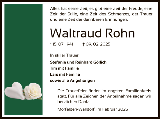 Todesanzeige von Waltraud Rohn von OF