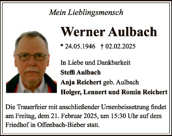 Todesanzeige von Werner Aulbach von OF