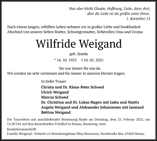 Todesanzeige von Wilfride Weigand von OF