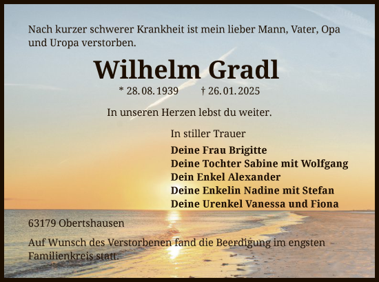 Todesanzeige von Wilhelm Gradl von OF