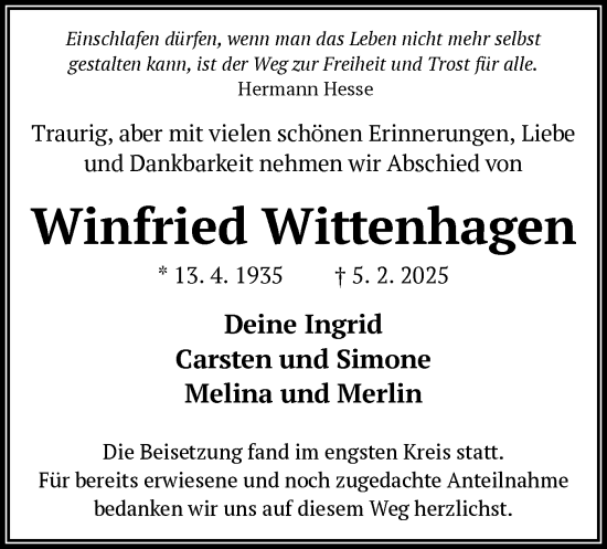 Todesanzeige von Winfried Wittenhagen von OF