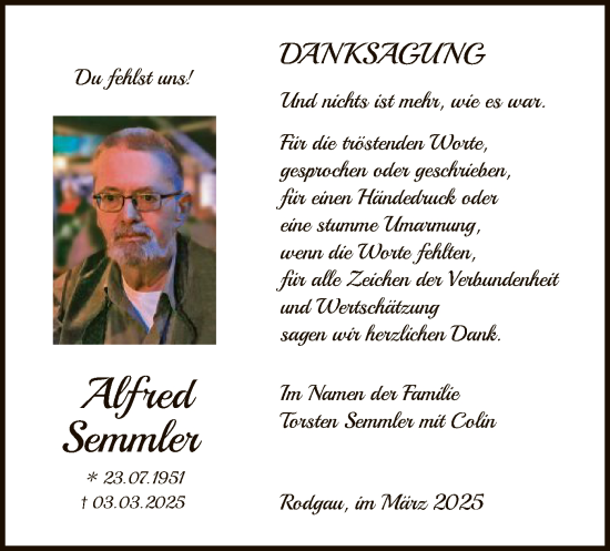 Todesanzeige von Alfred Semmler von OF