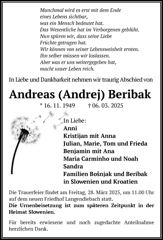 Todesanzeige von Andreas Beribak von OF