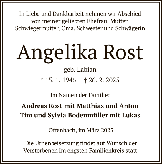 Todesanzeige von Angelika Rost von OF