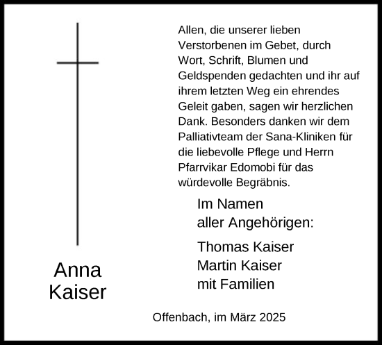 Todesanzeige von Anna Kaiser von OF