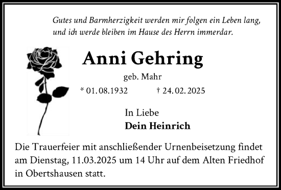 Todesanzeige von Anni Gehring von OF