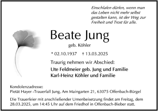 Todesanzeige von Beate Jung von OF