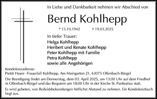 Todesanzeige von Bernd Kohlhepp von OF