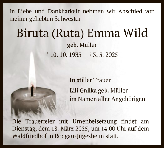 Todesanzeige von Biruta Emma Wild von OF