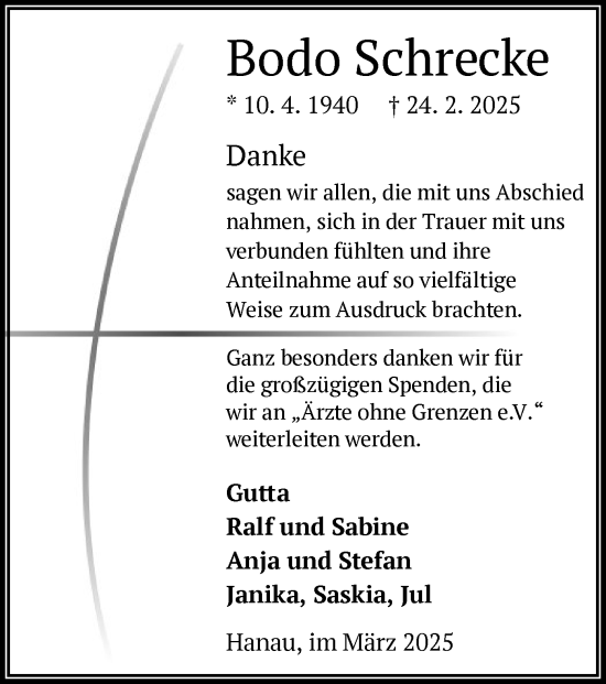 Todesanzeige von Bodo Schrecke von OF