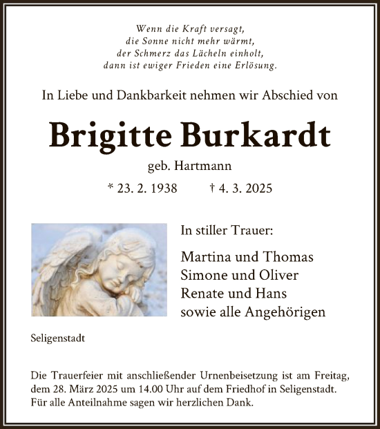 Todesanzeige von Brigitte Burkardt von OF
