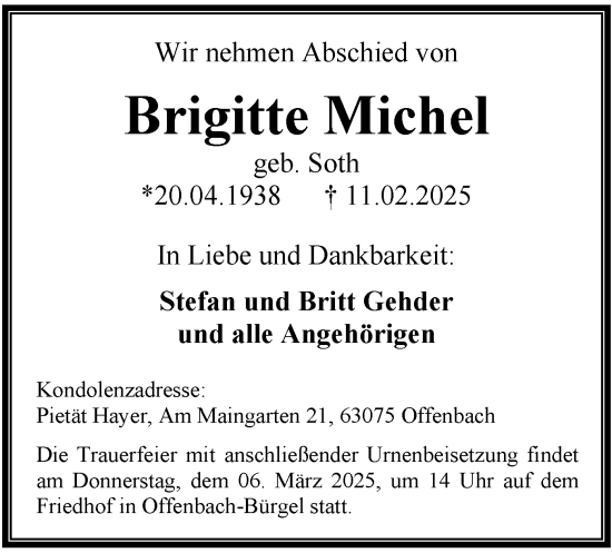 Todesanzeige von Brigitte Michel von OF