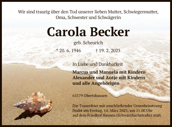 Todesanzeige von Carola Becker von OF