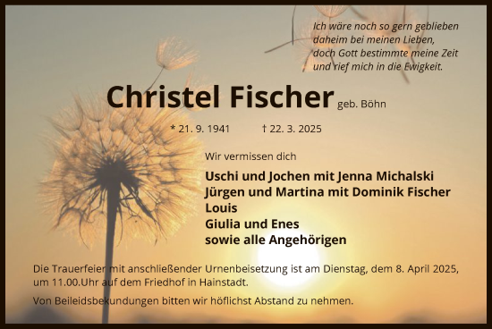 Todesanzeige von Christel Fischer von OF