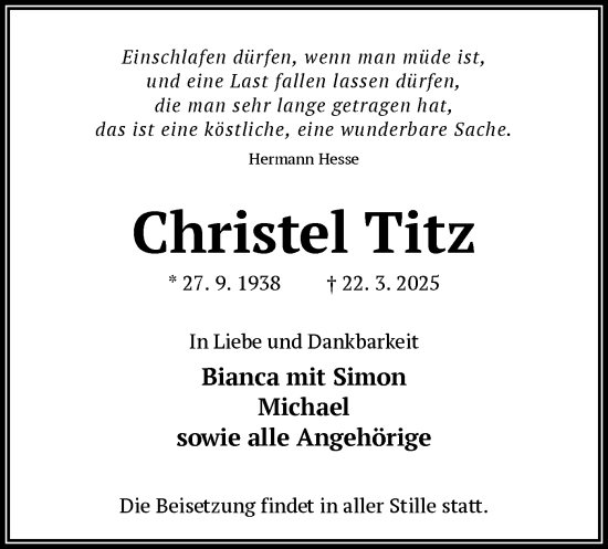 Todesanzeige von Christel Titz von OF