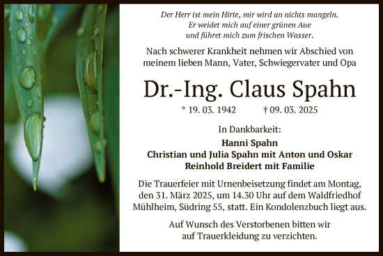 Todesanzeige von Claus Spahn von OF