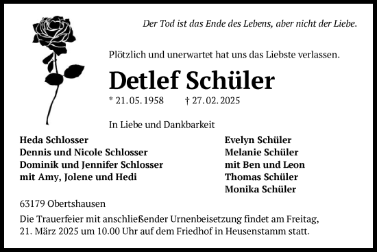 Todesanzeige von Detlef Schüler von OF