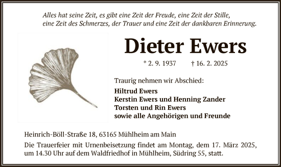 Todesanzeige von Dieter Ewers von OF